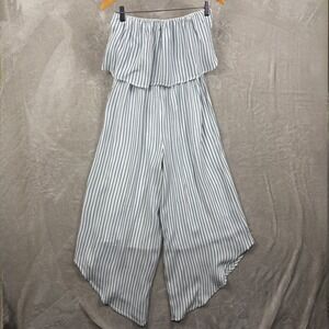 Japna Jumpsuit Women's Size M Striped Off The Shoulder Wide Leg Asymmetrical Hem